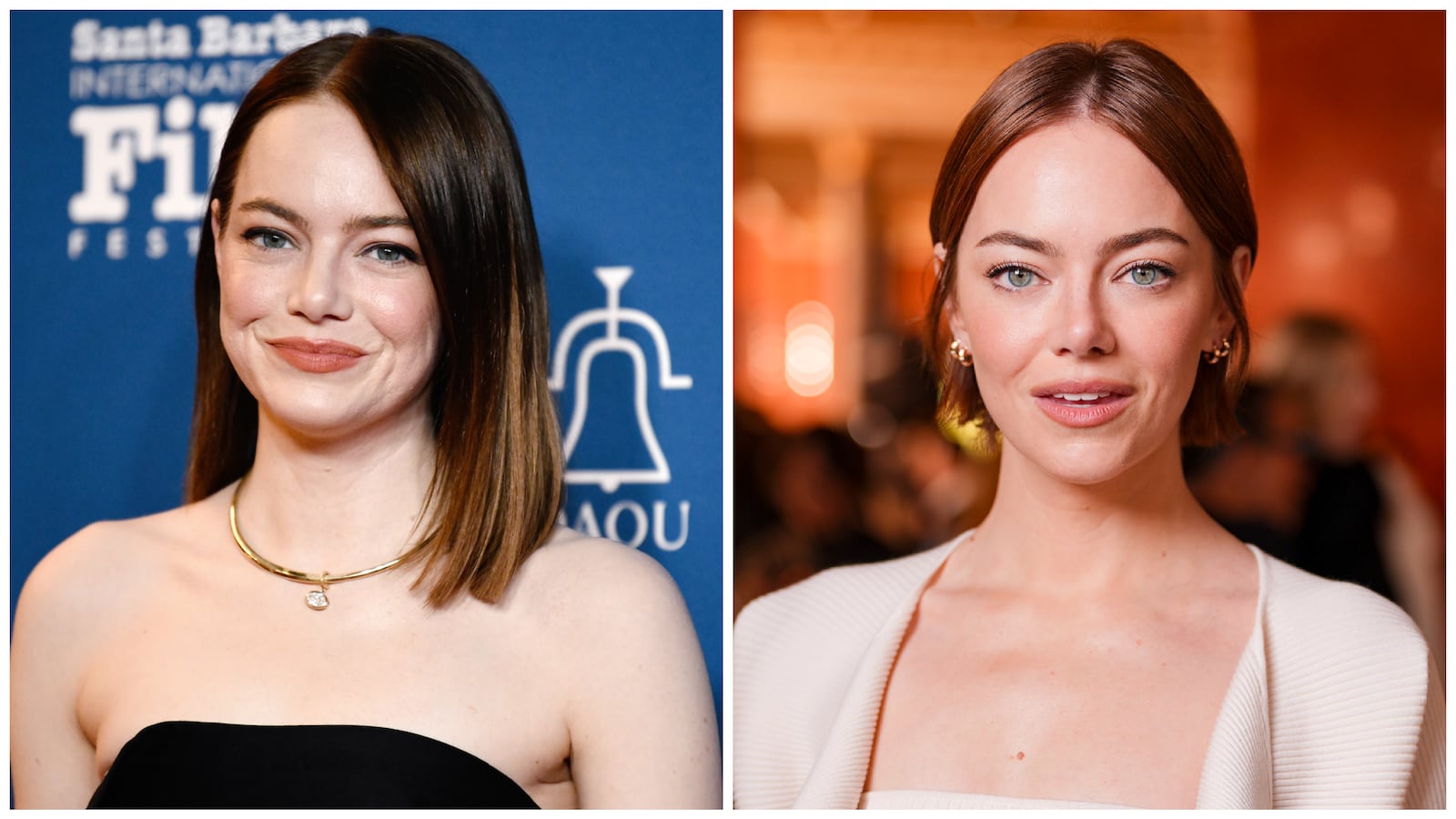 On left, Emma Stone at the Santa Barbara Film Festival on February 11, 2024; on right, Emma Stone at Paris Fashion Week on September 30, 2025.