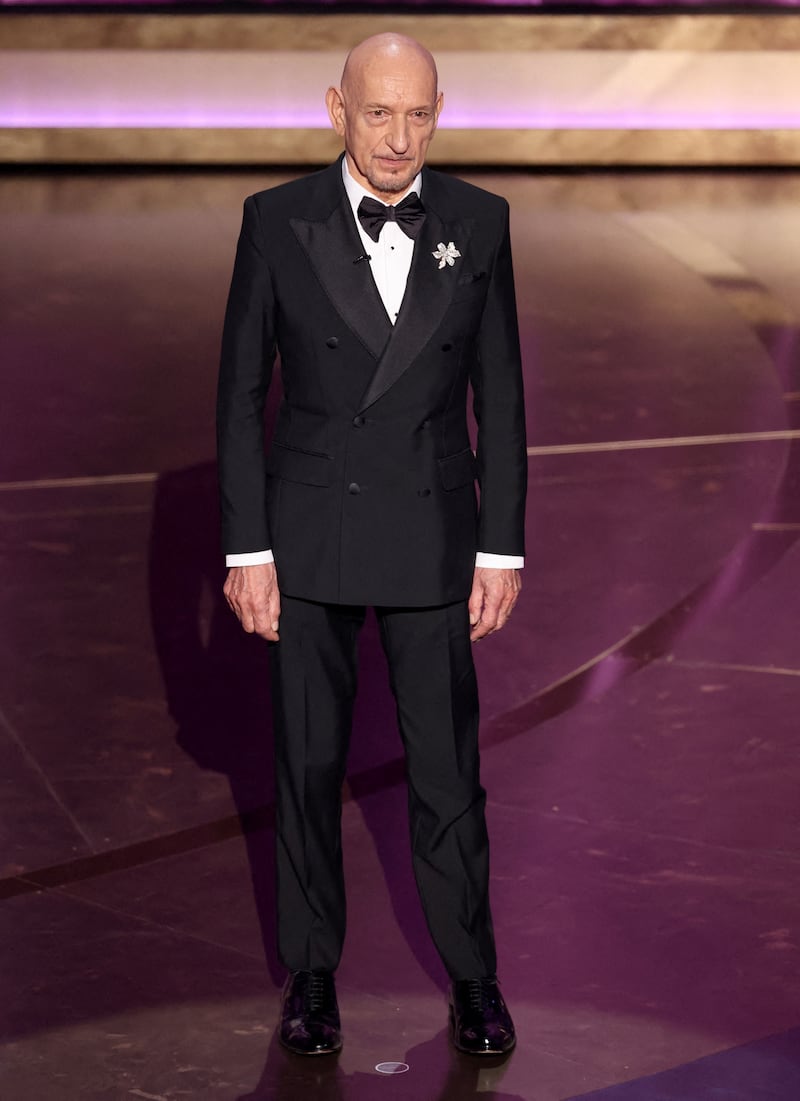 Ben Kingsley presents the nominees for the Oscar for Best Actor during the Oscars
