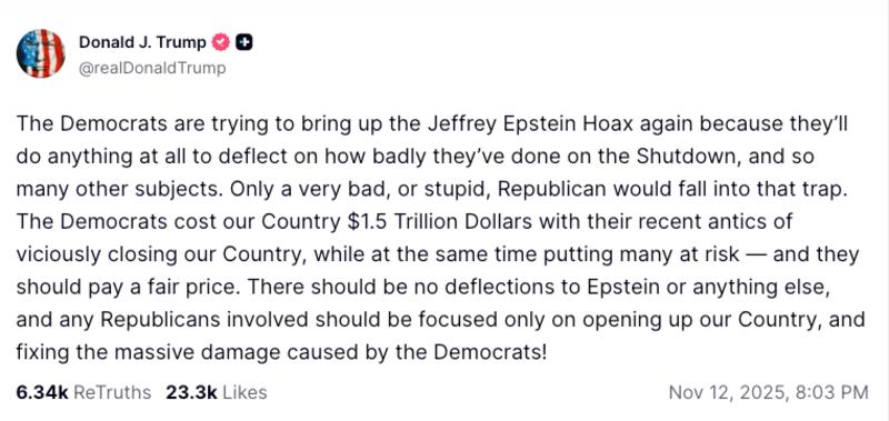 President Trump's Truth Social calling the Jeffrey Epstein scandal a Democrat-led hoax.