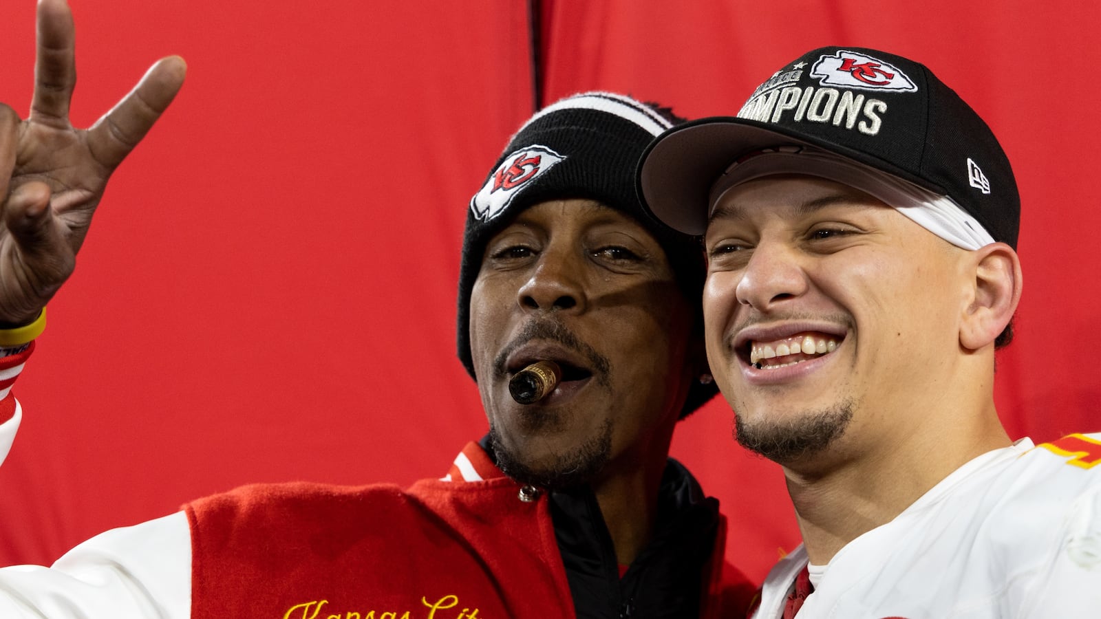 Patrick Mahomes #15 of the Kansas City Chiefs celebrates with his father Pat Mahomes after the AFC Championship NFL football game at M&T Bank Stadium on January 28, 2024 in Baltimore, Maryland.