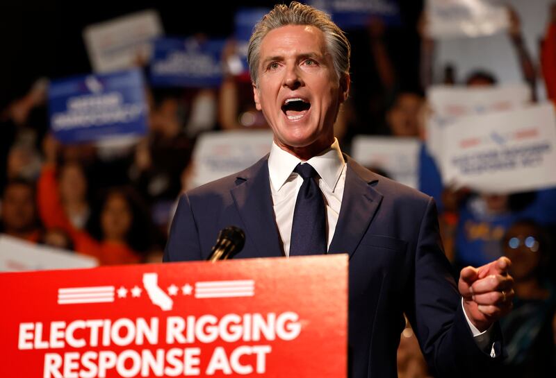 LOS ANGELES, CALIFORNIA - AUGUST 14: California Governor Gavin Newsom speaks about the “Election Rigging Response Act” at a press conference at the Democracy Center, Japanese American National Museum on August 14, 2025 in Los Angeles, California. Newsom spoke about a possible California referendum on redistricting to counter the legislative effort to add five Republican House seats in the state of Texas. (Photo by Mario Tama/Getty Images)