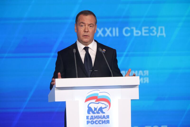 MOSCOW, RUSSIA - DECEMBER 14: (RUSSIA OUT) Former Russian President Dmitry Medvedev delivers a speech to delegates during the plenary session of the 22th Congress of United Russia Party, December 14, 2024, in Moscow, Russia. Persident Putin visited an annual congress of his party. (Photo by Contributor/Getty Images)