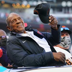 Hall of Famer Willie Mays waves to the crowd during the pre-game celebration in honor of his 90th birthday prior to the game between the San Diego Padres and the San Francisco Giants at Oracle Park on Friday, May 7, 2021 in San Francisco, California.