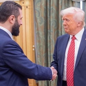 President Donald Trump meets with Syrian President Ahmed al-Sharaa in Riyadh, Saudi Arabia.