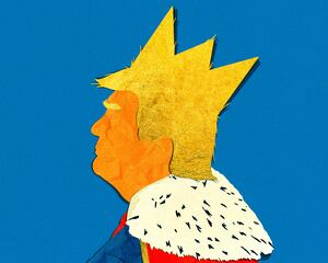 Cut outs of paper making Donald Trump look like the King of England