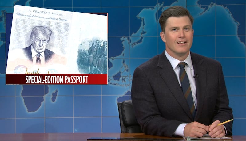 SNL, Colin Jost's on Trump's passport image.
