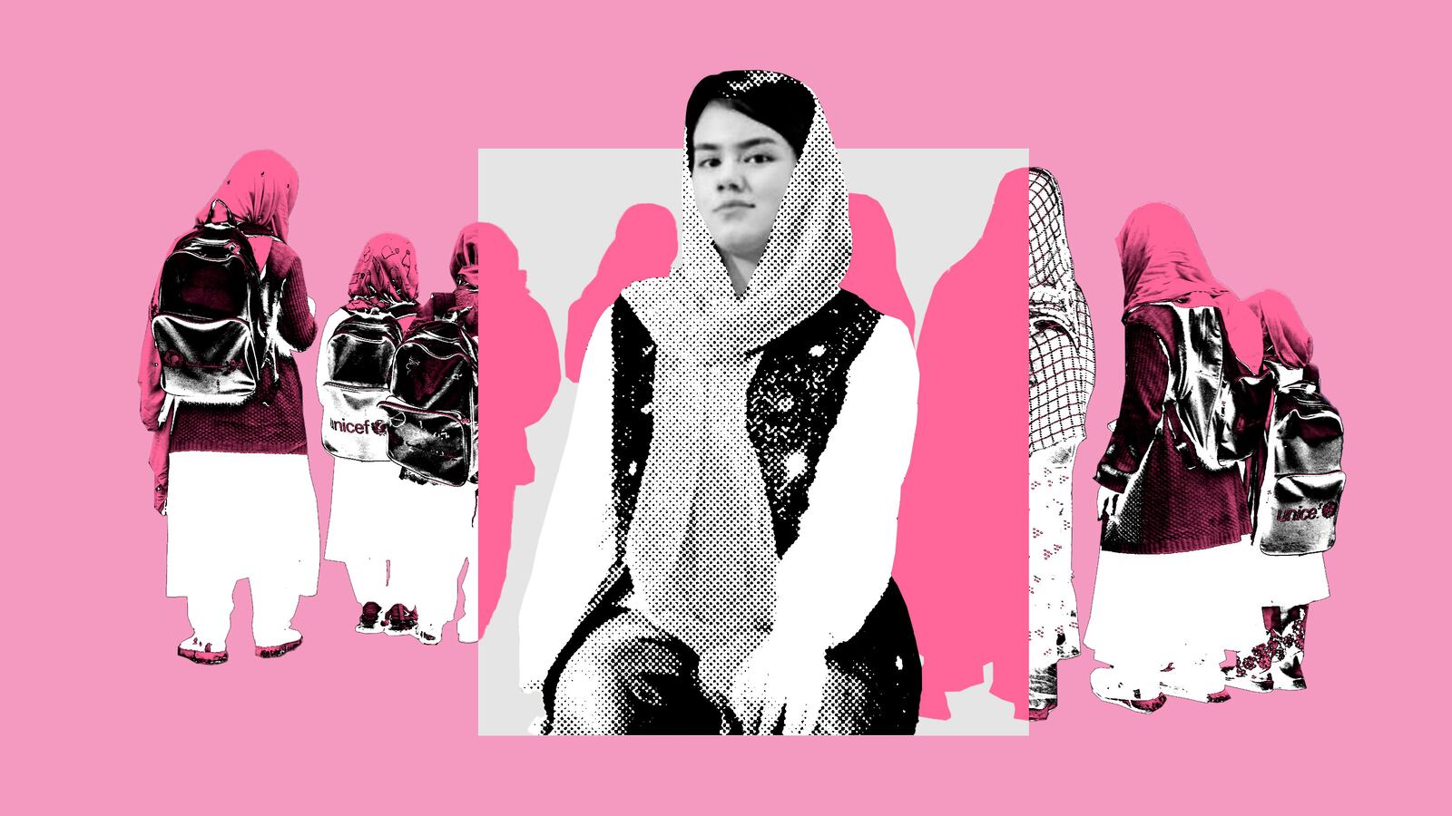 A photo illustration of Robina Azizi with Afghani girls wearing backpacks