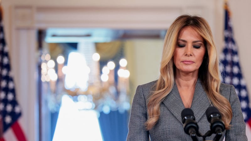 U.S. first lady Melania Trump delivers remarks regarding the late financier and convicted sex offender Jeffrey Epstein from the Grand Foyer of the White House in Washington, D.C., U.S., April 9, 2026.