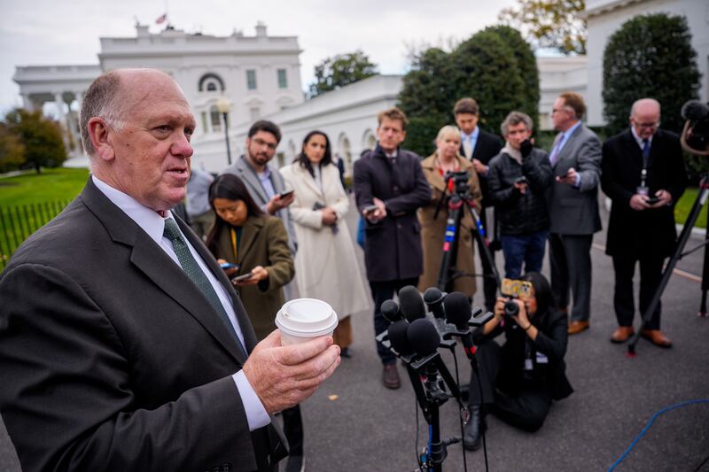 WASHINGTON, DC - NOVEMBER 14: White House Border Czar Tom Homan speaks to reporters outside the West Wing after a television interview at the White House on November 14, 2025 in Washington, DC. Homan has been accused of taking a $50,000 bribe from undercover FBI agents. (Photo by Andrew Harnik/Getty Images)