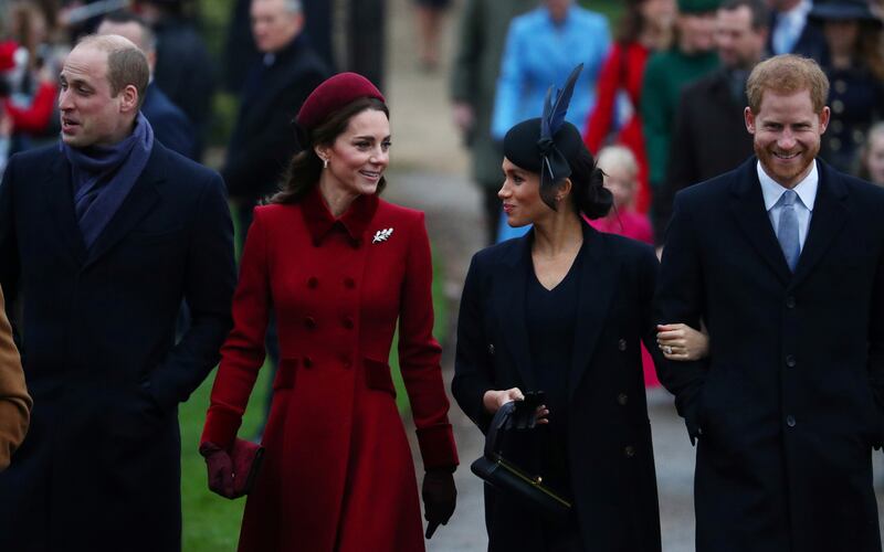 Prince William, Kate Middleton, Prince Harry, and Meghan Markle arrive at St Mary Magdalene's church for the Royal Family's Christmas Day service on the Sandringham estate in eastern England, Britain, December 25, 2018.