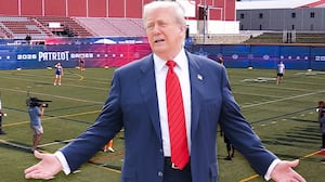 A photo composite of Donald Trump and Patriot Games Kickball event.