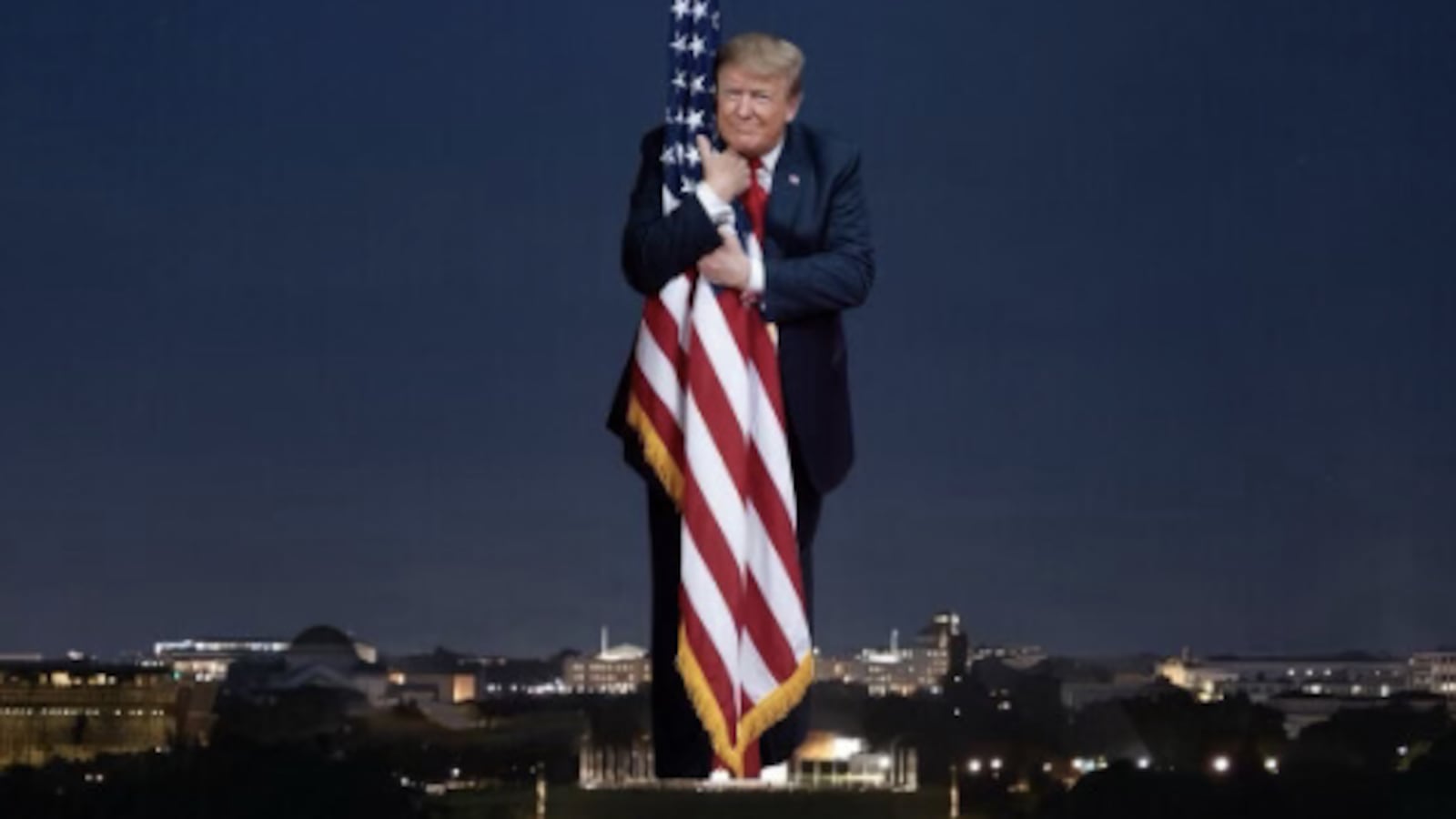 AI image of Trump hugging the American flag in front of the Washington Monument.