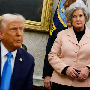 President Donald Trump, accompanied by White House Chief of Staff Susie Wiles (R), in the Oval Office of the White House on February 04, 2025 in Washington, DC.