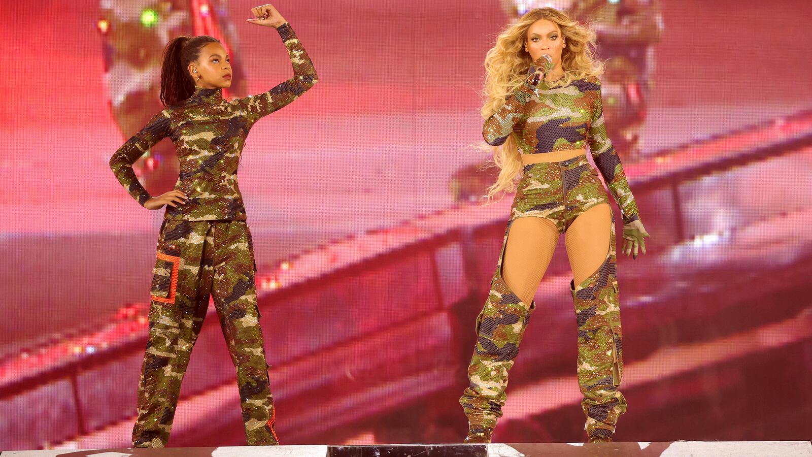 Blue Ive Carter and Beyoncé perform onstage during the Renaissance world tour at Mercedes-Benz Stadium on Aug. 11, 2023, in Atlanta, Georgia.