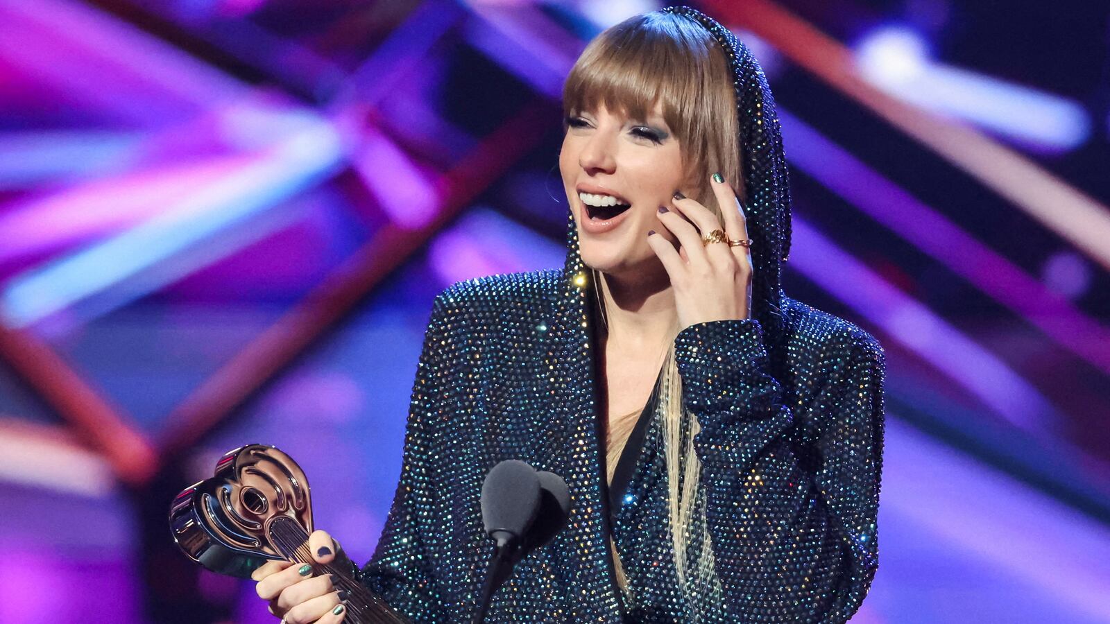 Taylor Swift accepts the Song of the Year award at the iHeartRadio Music Awards in Los Angeles, California, March 27, 2023.