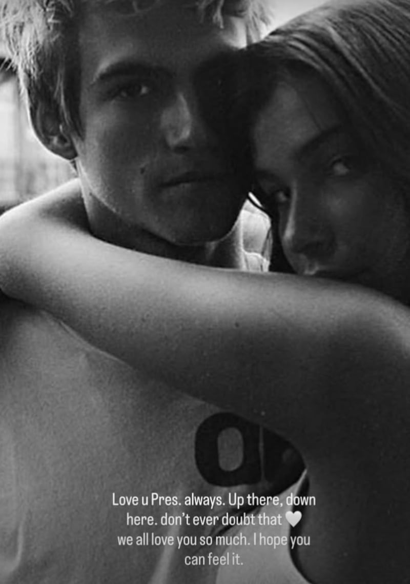 Presley Gerber and ex-girlfriend Charlotte Gerber embrace in an old photo shared by D'Alessio. It is captioned "Love u Pres. always. Up there, down here. don't ever doubt that." "we all lobve you so much. I hope you can feel it."