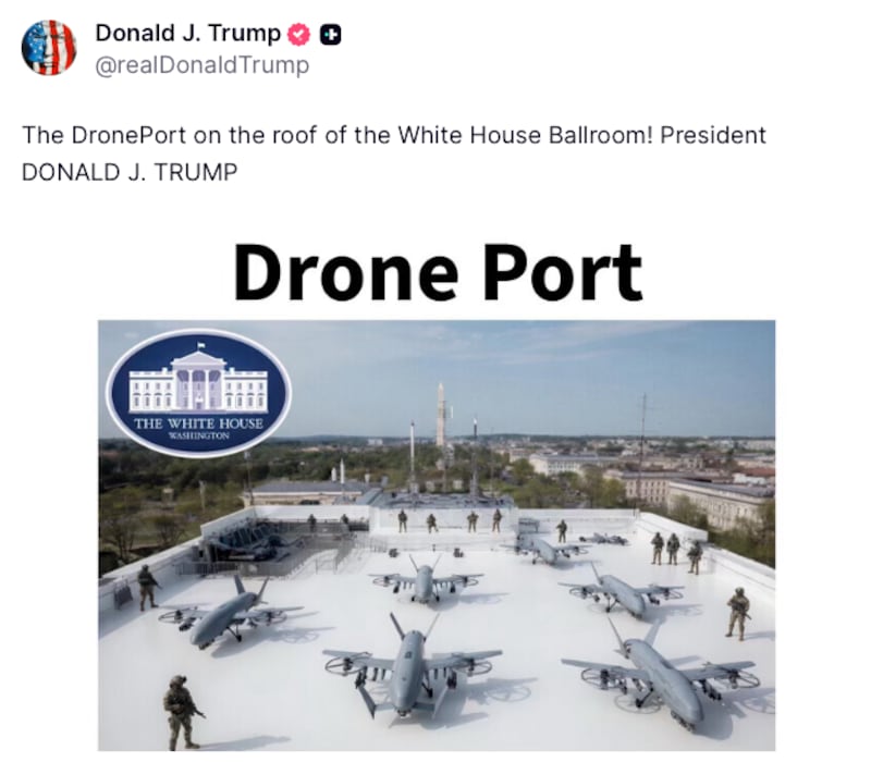 AI image depicting drones atop the completed White House Ballroom replacing the East Wing.