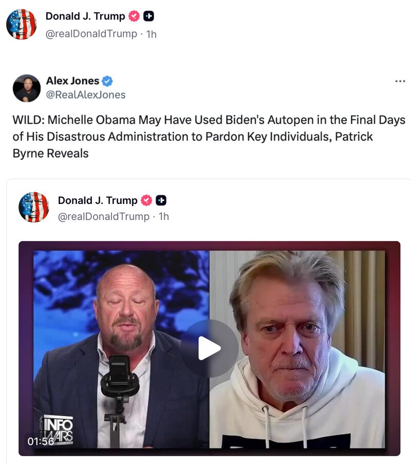Donald Trump shares Alex Jones' post on Truth Social.