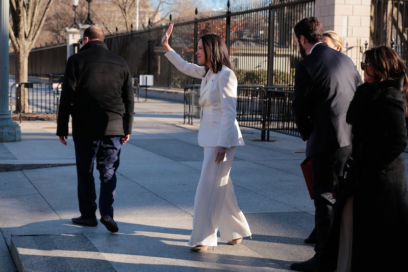 Venezuelan opposition leader and Nobel Peace Prize winner María Corina Machado waves to supporters outside the White House following a meeting with U.S. President Donald Trump on January 15, 2026 in Washington, DC.