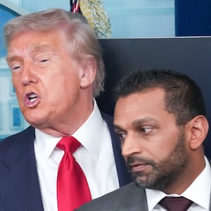 WASHINGTON, DC - AUGUST 11: FBI Director Kash Patel (R) attends a press conference with U.S. President Donald Trump in the James S. Brady Press Briefing Room of the White House August 11, 2025 in Washington, DC. Trump announced he will use his authority to place the DC Metropolitan Police Department under federal control to assist in crime prevention in the nation’s capital, and that the National Guard will be deployed to DC. (Photo by Andrew Harnik/Getty Images)