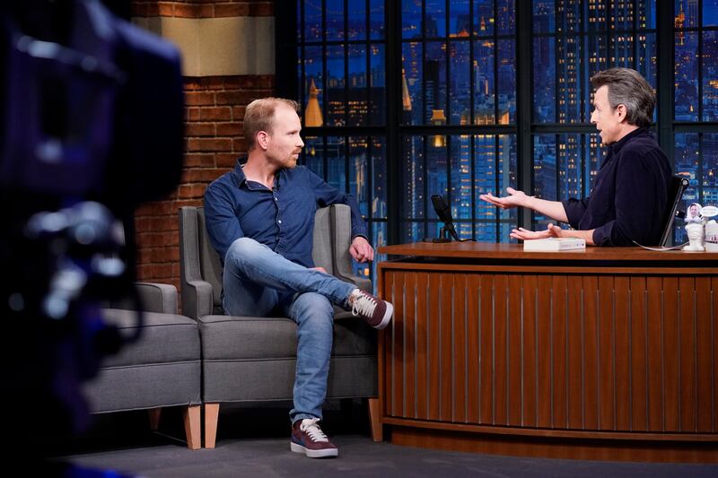Pictured: (l-r) Author Rutger Bregman during an interview with host Seth Meyers