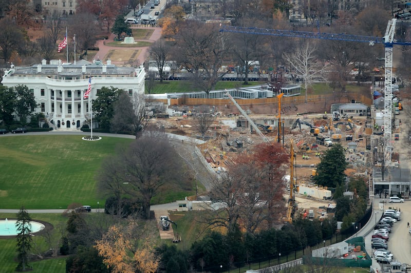 Demolition work continues where the East Wing once stood at the White House on December 08, 2025 in Washington, DC.