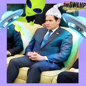 A photo illustration of Marco Rubio surrounded by aliens and UFOs in the Oval Office.