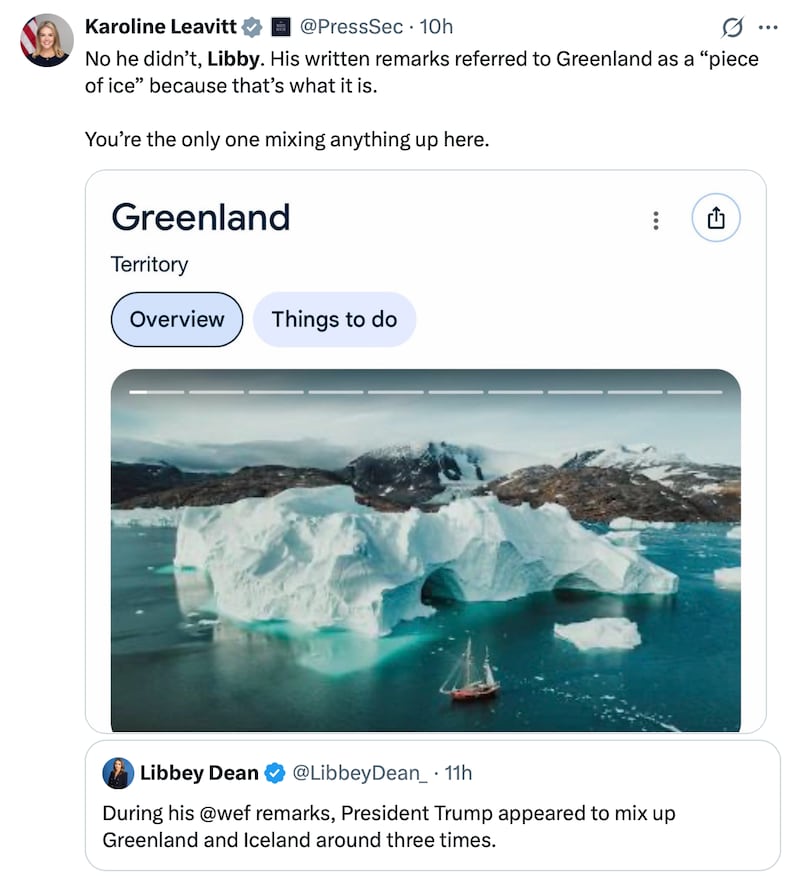 Karoline Leavitt calls out journalist Libbey Dean on X.