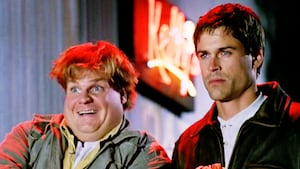 LOS ANGELES - MARCH 31: The movie "Tommy Boy", directed by Peter Segal. Seen here from left, Chris Farley as Tommy Callahan and Rob Lowe as Paul Barrish. Initial theatrical release March 31, 1995. Screen capture. Paramount Pictures. (Photo by CBS via Getty Images)
