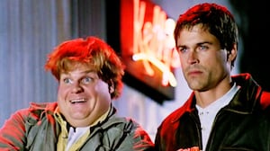 LOS ANGELES - MARCH 31: The movie "Tommy Boy", directed by Peter Segal. Seen here from left, Chris Farley as Tommy Callahan and Rob Lowe as Paul Barrish. Initial theatrical release March 31, 1995. Screen capture. Paramount Pictures. (Photo by CBS via Getty Images)