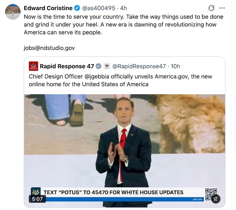 Edward Coristine calls out for people who want to "serve your country."