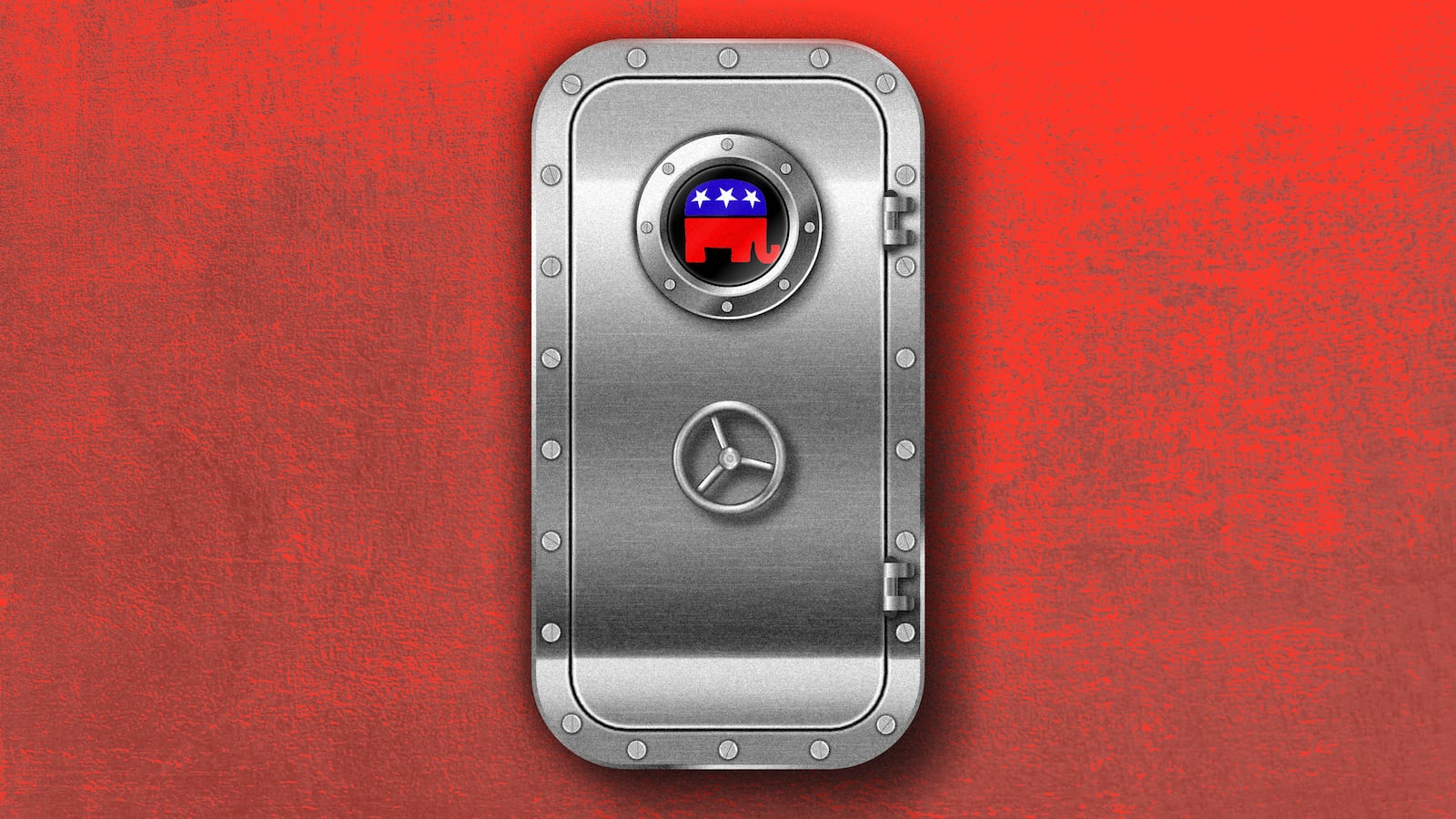 A photo illustration of a metal bunker door with the logo of the GOP elephant inside.