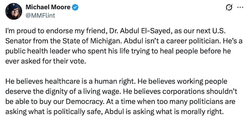 Michael Moore endorses Abdul El-Sayed in July.