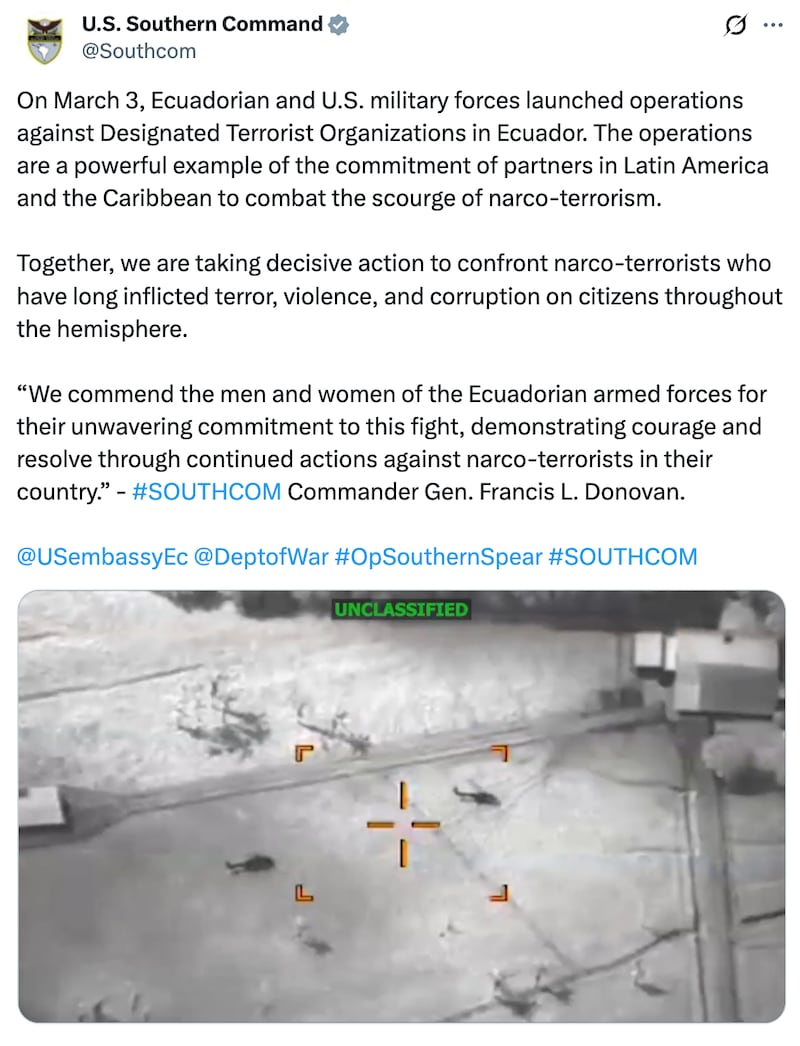 Southern Command X post about operation in Ecuador