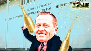 A photo illustration of Richard Grenell with champagne in front of the Kennedy Center.