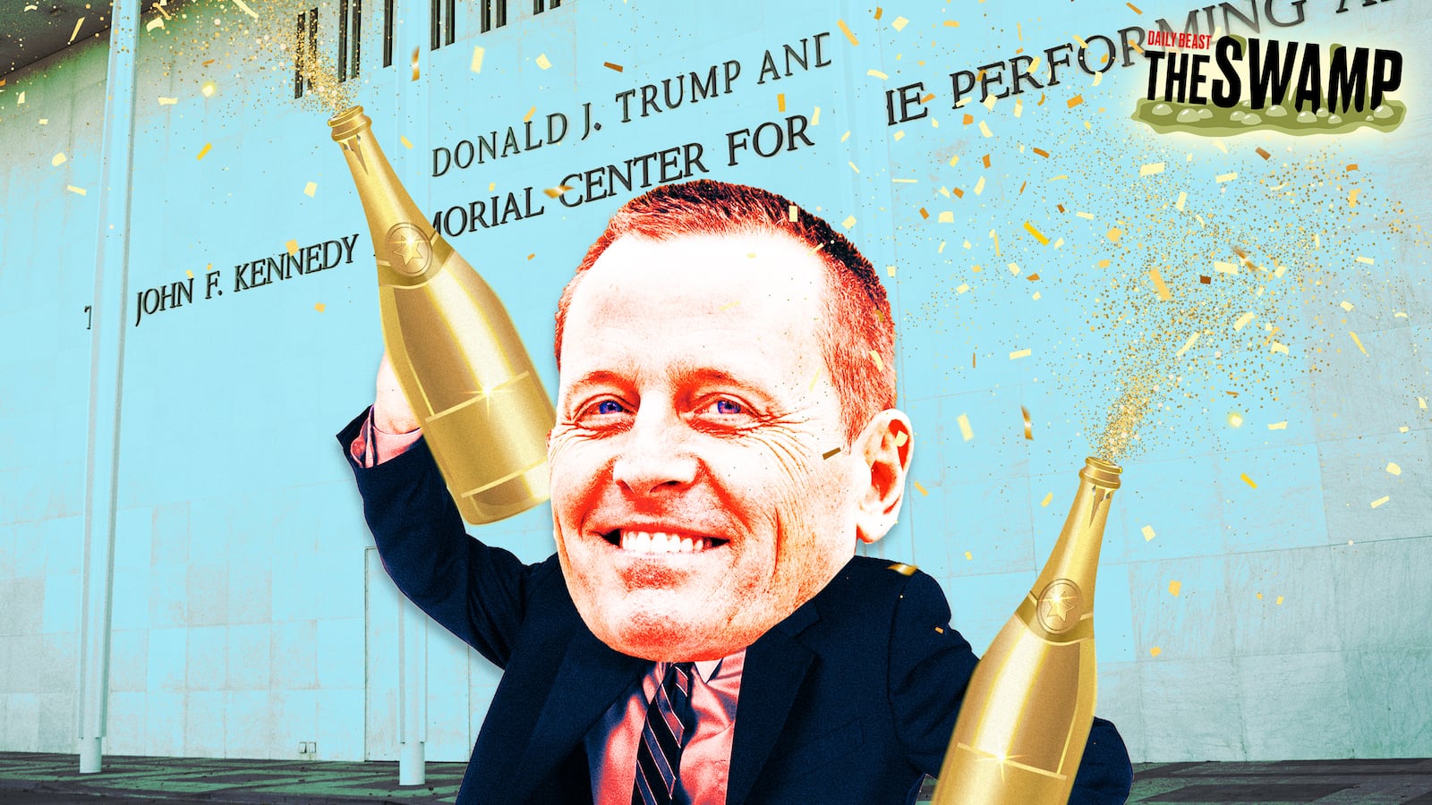 A photo illustration of Richard Grenell with champagne in front of the Kennedy Center.