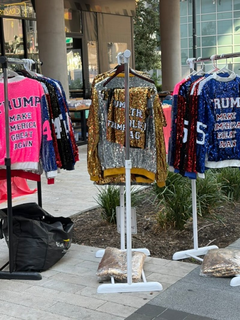 Sequined Trump merchandise on display outside the convention security perimeter.