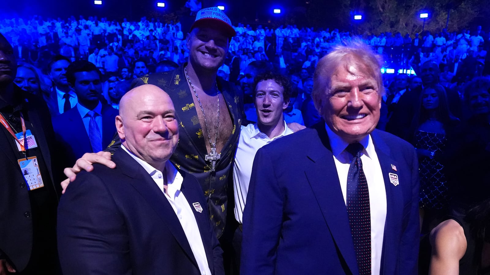 WASHINGTON, DC - JUNE 14: (L-R) UFC President and CEO Dana White, Tyson Fury, Mark Zuckerberg and U.S President Donald J. Trump attend the UFC Freedom 250 event on the South Lawn at the White House on June 14, 2026 in Washington, DC. (Photo by Jeff Bottari/Zuffa LLC)