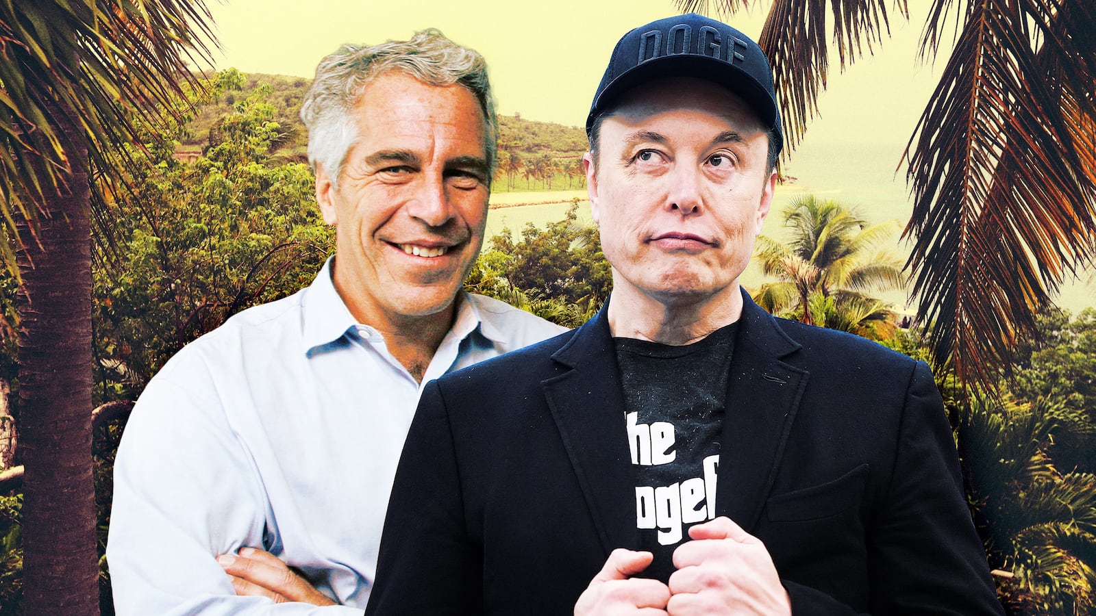 A photo illustration of Jeffrey Epstein, Elon Musk, and the vew towards the dock and the pool house at Little Saint James island in the Virgin Islands.