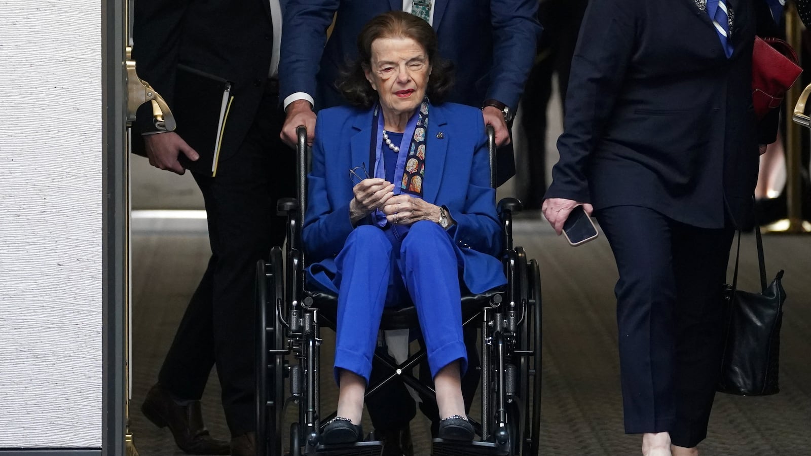 U.S. Senator Dianne Feinstein (D-CA) is brought to a Senate Judiciary Committee executive business meeting to vote on legislation and pending nominations before the committee.