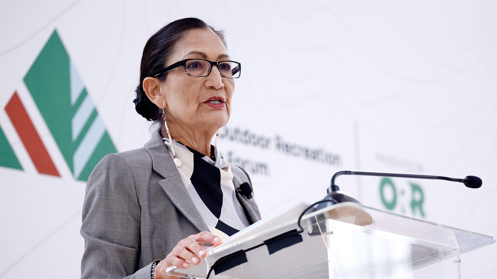 Secretary Deb Haaland speaks onstage during in the first-ever National Outdoor Recreation Executive Forum hosted by Outdoor Recreation Roundtable at Decatur House on May 07, 2024 in Washington, DC.
