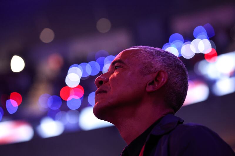 INGLEWOOD, CALIFORNIA - MARCH 05: Former President Barack Obama looks on during the national anthem while attending the game between the LA Clippers and the Detroit Pistons at Intuit Dome on March 05, 2025 in Inglewood, California. NOTE TO USER: User expressly acknowledges and agrees that, by downloading and or using this Photograph, user is consenting to the terms and conditions of the Getty Images License Agreement. (Photo by Meg Oliphant/Getty Images)