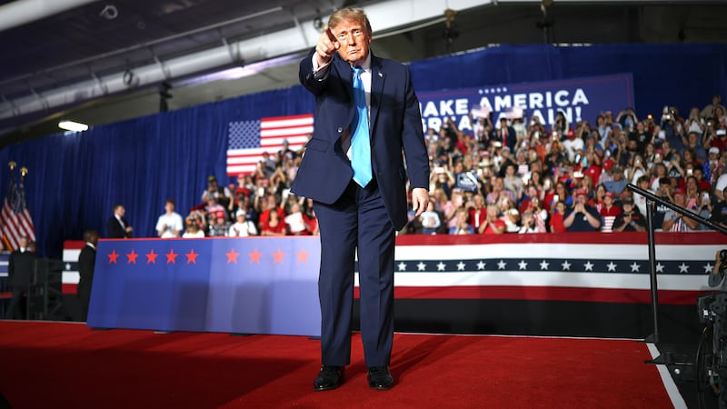 President Donald Trump wraps up an appearance at a campaign rally at Pinnacle Bank Expo Center on the Nebraska State Fairgrounds on October 05, 2026 in Grand Island, Nebraska. Trump is campaigning for incumbent U.S. Sen. Pete Ricketts (R-NE) and Gov. Jim Pillen ahead of the November midterm elections.