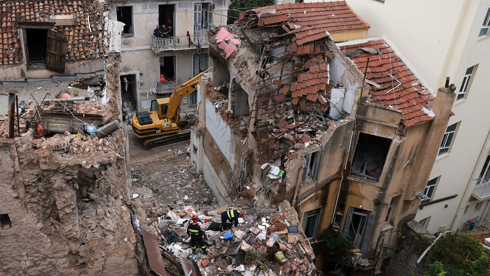 Rescuers search for survivors after a blast in the Plaka district of Athens, Greece, on September 26, 2026.