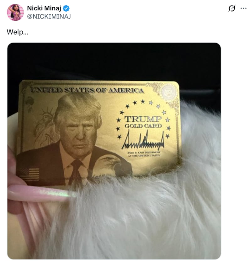 Nicki Minaj X post featuring Trump Gold Card