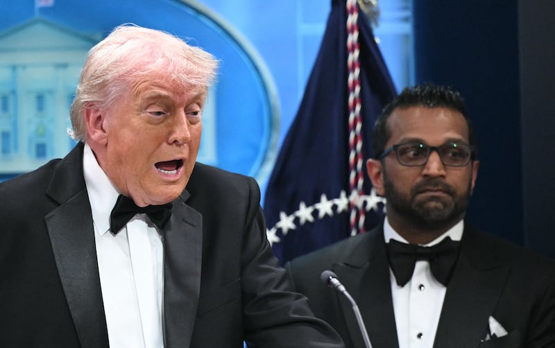 US President Donald Trump speaks flanked by FBI Director Kash Patel during a press briefing in the Brady Briefing Room at the White House