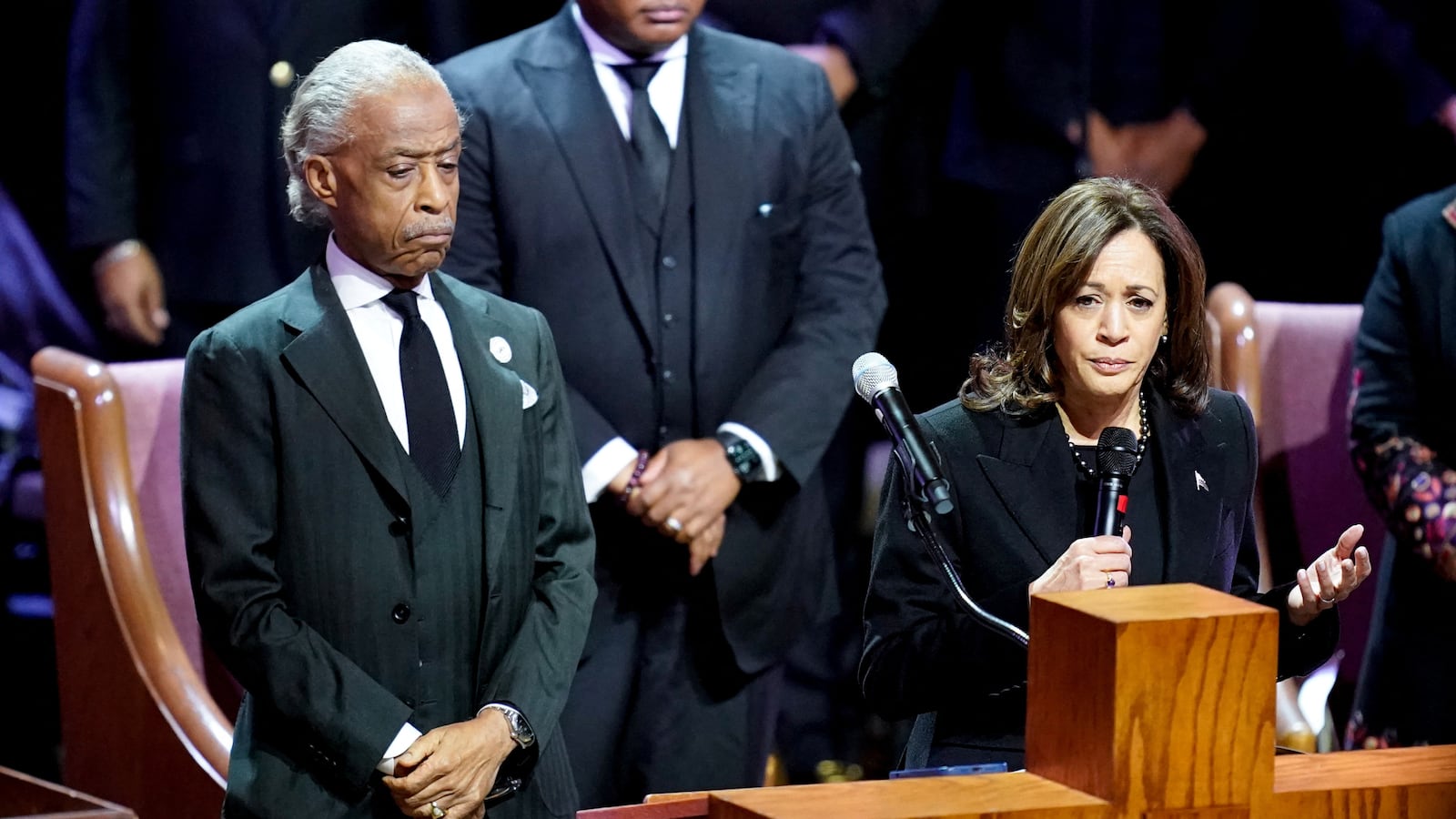 Rev. Al Sharpton listens as Vice President Kamala Harris speaks during the funeral service for Tyre Nichols
