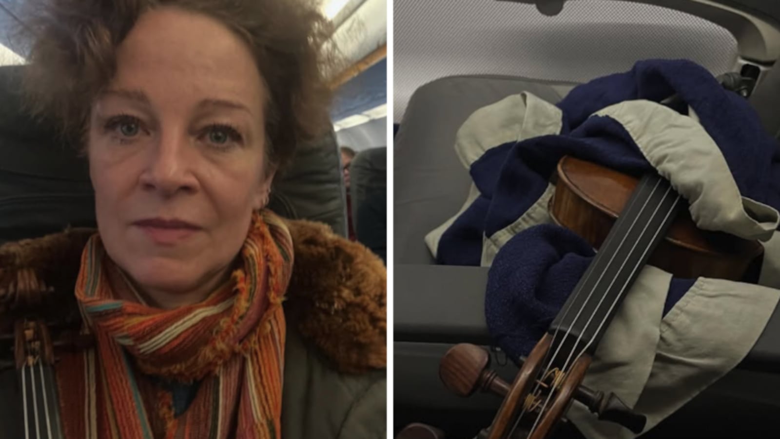 Carolin Widmann with her violin wrapped in a sweater.