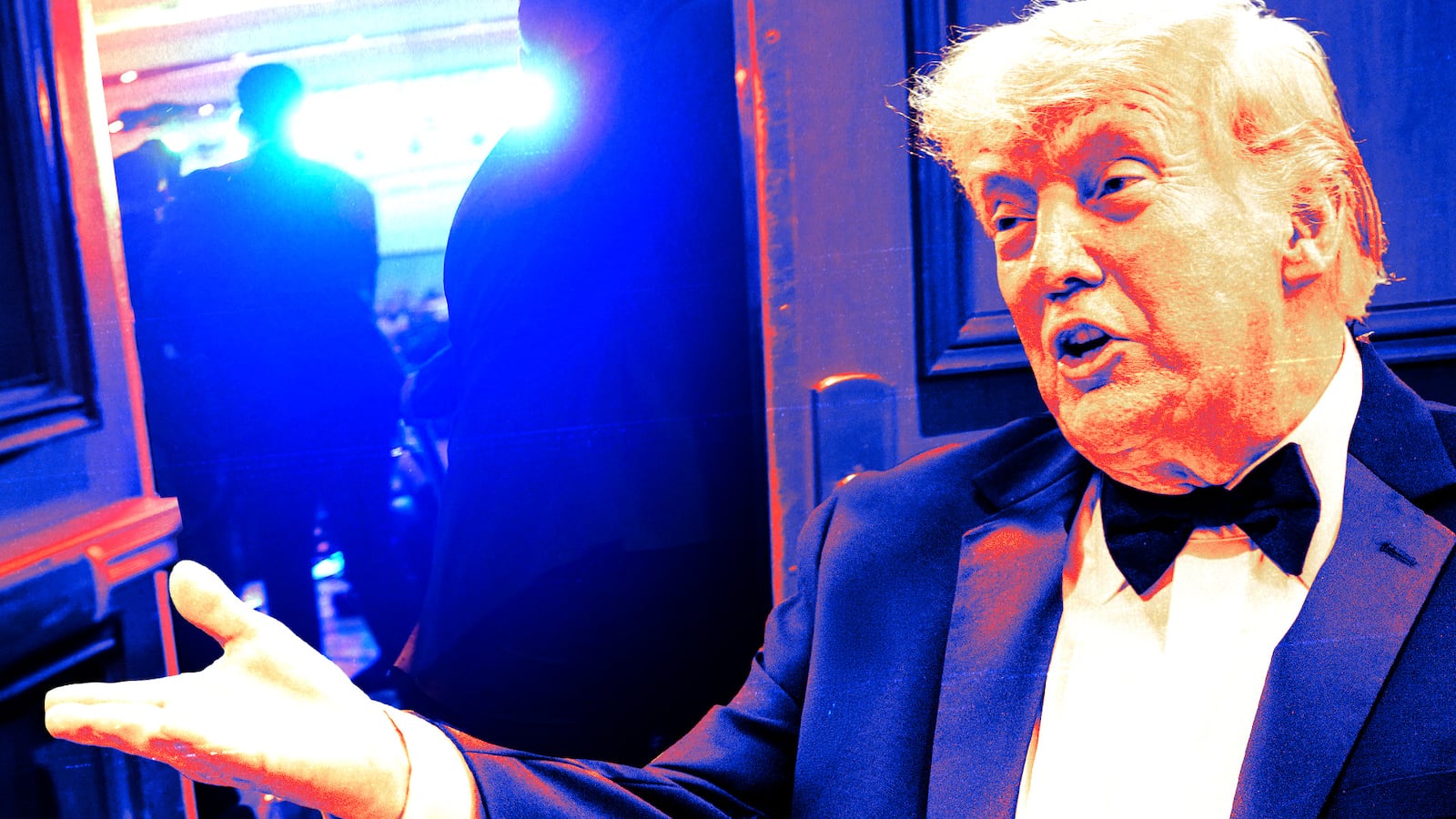 Donald Trump gestures to come inside the White House Correspondents Dinner.