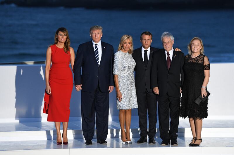 US First Lady Melania Trump, US President Donald Trump, French President's wife Brigitte Macron, France's President Emmanuel Macron, Chile's President Sebastian Pinera, his wife Cecilia Morel